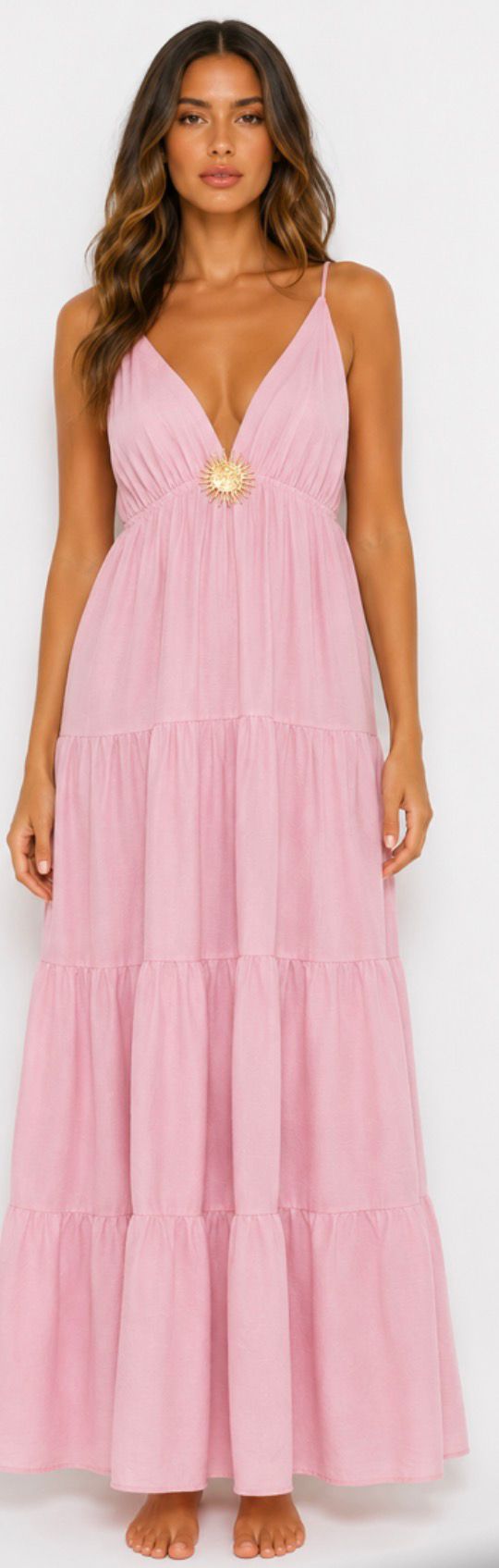 Robe Longue Bohème Chic Femme – Décolleté Élégant & Détail Doré | Plusieurs Couleurs Disponibles