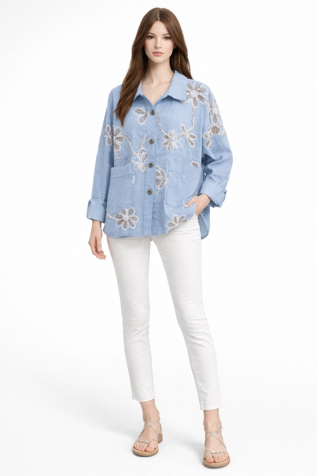 Veste légère Oversize Brodée Camélia – Chemise Femme Chic et Tendance
