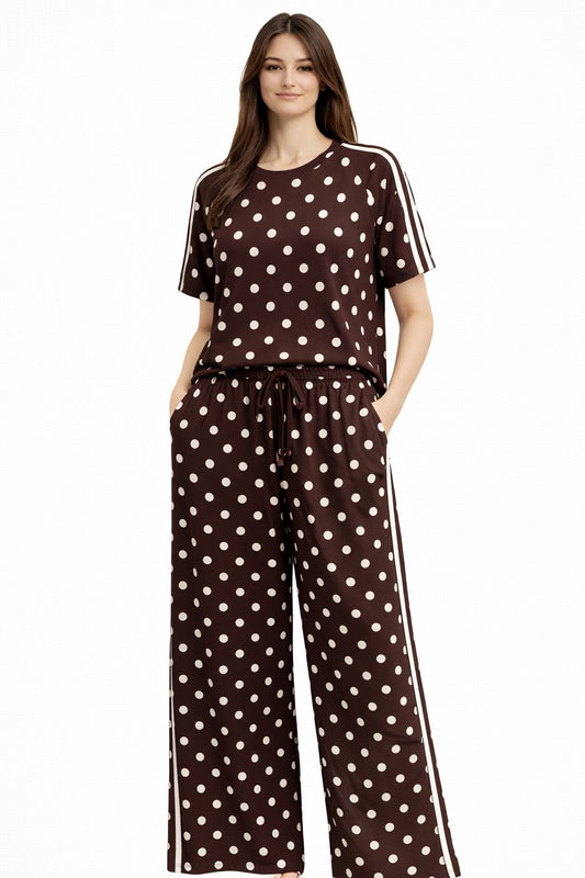 Ensemble Femme Pois Chic – T-shirt + Pantalon Fluide Style Sport Élégant