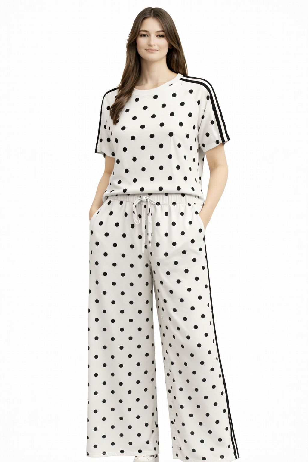 Ensemble Femme Pois Chic – T-shirt + Pantalon Fluide Style Sport Élégant