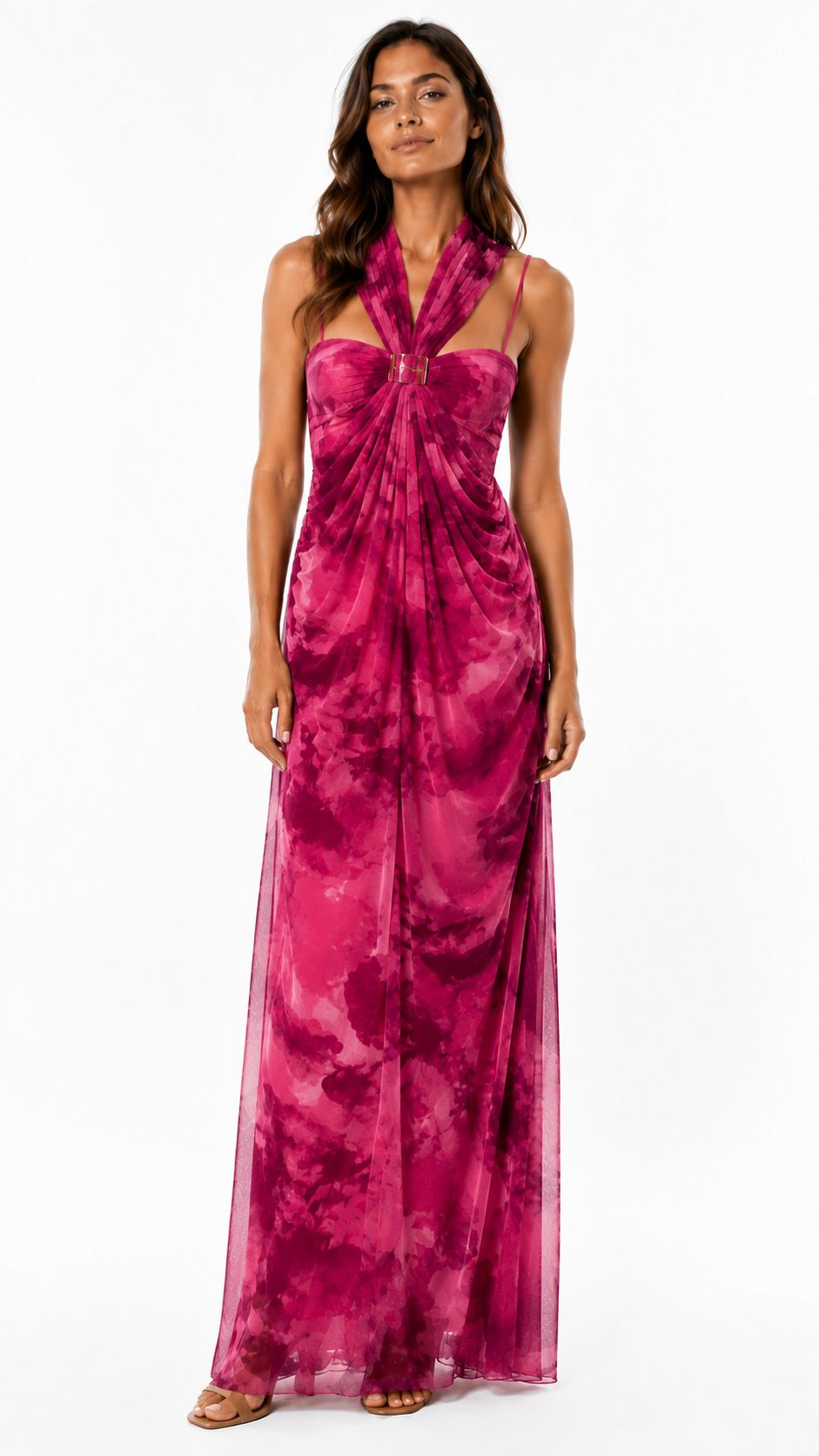 Robe Longue Satinée Femme Imprimé Floral Marron – Élégante, Fluide et Chic pour Soirée, Mariage et Événement