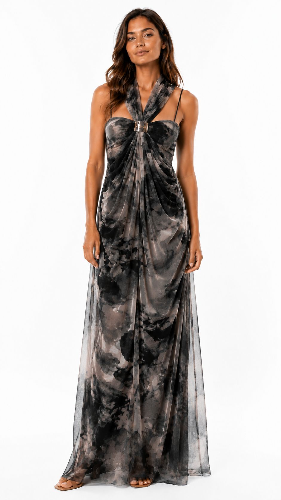 Robe Longue Satinée Femme Imprimé Floral Marron – Élégante, Fluide et Chic pour Soirée, Mariage et Événement