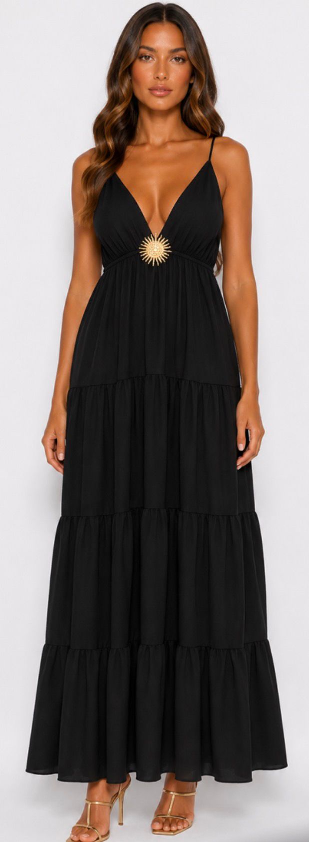 Robe Longue Bohème Chic Femme – Décolleté Élégant & Détail Doré | Plusieurs Couleurs Disponibles